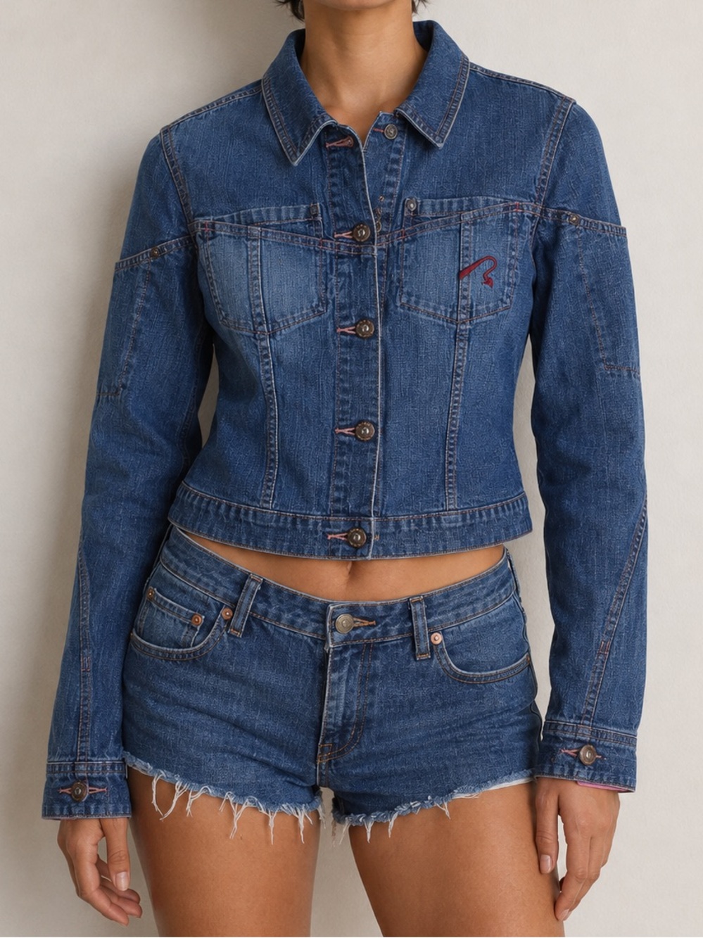 Vintage Fetish Denim Jacket Y2K Fitted Blue Trucker Jacket Embroidered Large